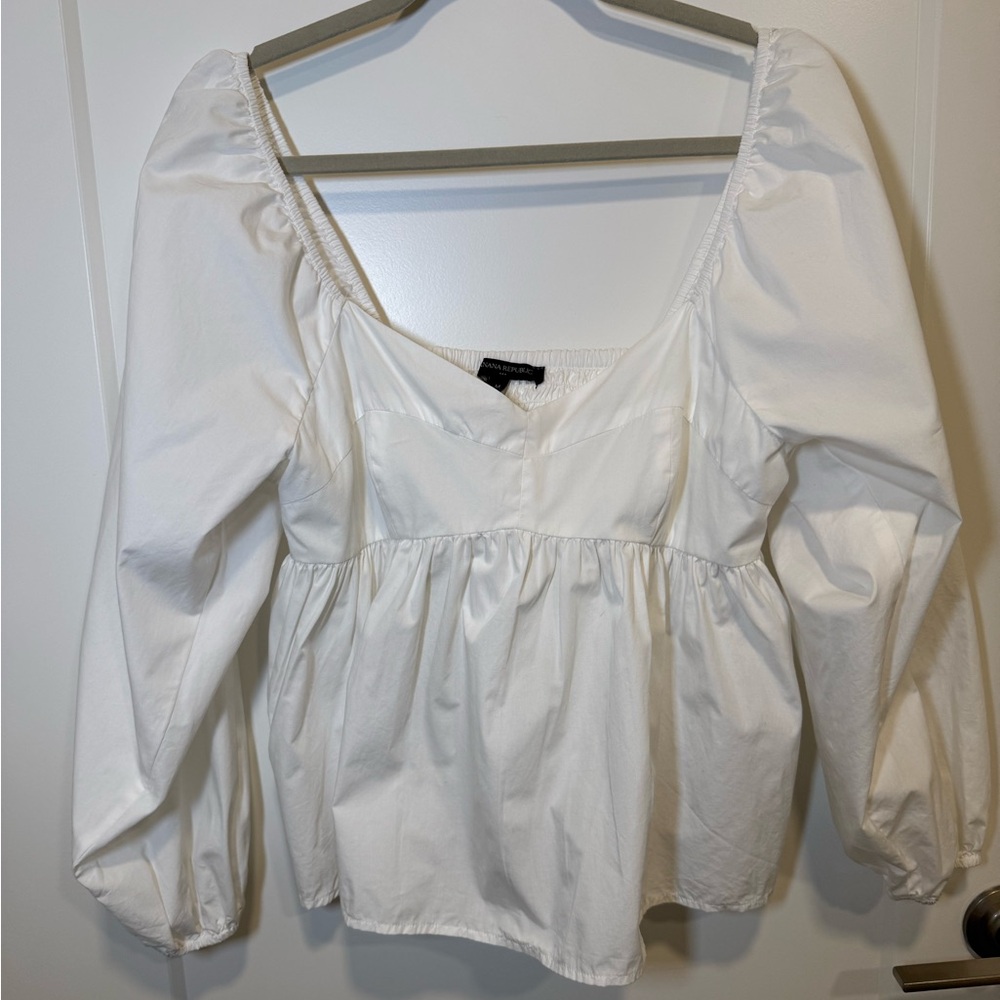 Banana Republic White Cotton Peasant Babydoll Blouse Puff Sleeves Size M
